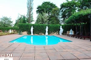 a swimming pool with statues in a garden at Imbali Boutique Hotel in Kokstad