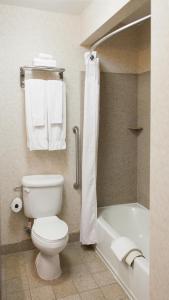 a bathroom with a toilet and a bath tub with towels at Holiday Inn Express Turlock, an IHG Hotel in Turlock
