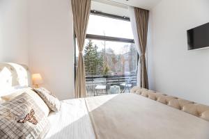 ein Schlafzimmer mit einem Bett und einem großen Fenster in der Unterkunft Aki Studio Silver Mountain Poiana Brasov in Poiana Brașov