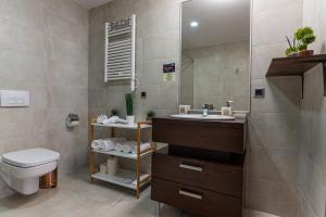 ein Badezimmer mit Waschbecken, Toilette und Spiegel in der Unterkunft Aki Studio Silver Mountain Poiana Brasov in Poiana Brașov + 28 Fotos