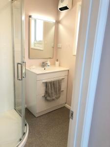 bagno con lavandino e specchio di Allie's Hill Top Haven Bed & Breakfast a Whanganui