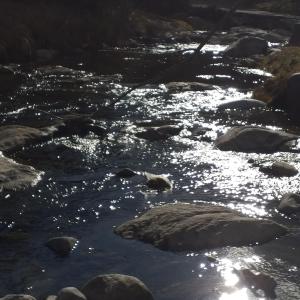 a river with rocks and the sun reflecting on the water at Hostal El Algarrobo in Casa Grande