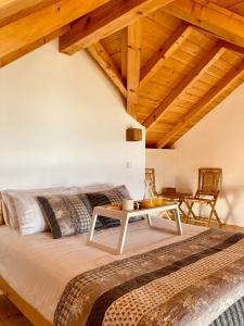 a bedroom with a bed and a table at Planinska Koliba Exclusive in Sekulić 