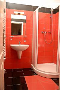 a red bathroom with a sink and a shower at Just BE that´s enough!! in Prague