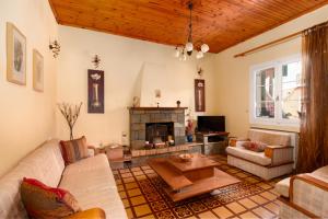 a living room with a couch and a fireplace at ELENI'S TRADITIONAL HOUSE IN AGRAFI in Agrafoí