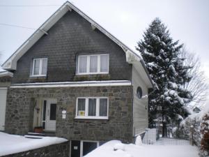une maison dans la neige avec un sapin de Noël dans l'établissement Traditional Holiday home in B tgenbach with Sauna, à Butgenbach