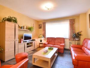 a living room with red leather furniture and a television at Traditional Holiday home in B tgenbach with Sauna in Butgenbach