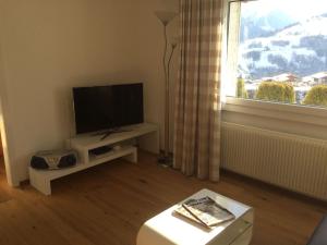 a living room with a television and a window at Apartment in Disentis with Garden BBQ Mountain Views in Disentis