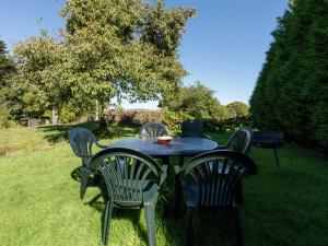 une table et des chaises bleues dans l'herbe dans l'établissement Farmhouse situated at the edge of the woods, à Manhay