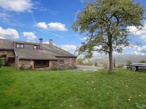 une vieille maison en pierre avec un arbre et un banc dans l'établissement Farmhouse situated at the edge of the woods, à Manhay