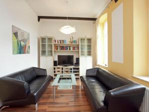 sala de estar con sofás de cuero negro y TV en Exclusive apartment in the beautiful Ore Mountains with conservatory and villa park, en Leubsdorf