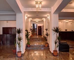 a hallway with potted plants and stairs in a building at Cabana Bistrita in Durau