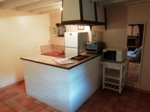 a kitchen with a counter with a refrigerator and a microwave at Peaceful holiday home near Quend with pool in Quend