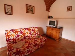 a living room with a couch and a tv at Vintage Farmhouse with Pool in Asciano in Asciano