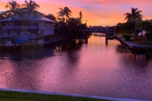 a body of water with a building and palm trees at Manatee Manor in Marco Island