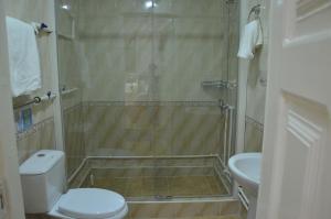 a bathroom with a shower and a toilet and a sink at Guest House Marokand in Samarkand