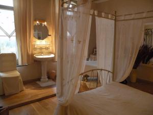 a bedroom with a bed with curtains and a sink at Château de Ricquebourg in Maresquel