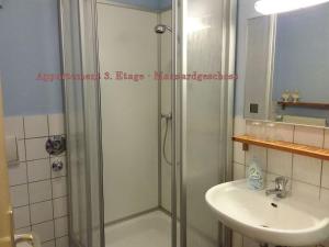 ein Bad mit einer Dusche und einem Waschbecken in der Unterkunft City-Ferienwohnungen-Dresden - zentral gelegen im Haus Louisenstrasse 11 - Dresden-Neustadt in Dresden