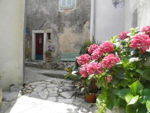 a house with pink flowers in front of a building at Apartman DEJO in Mošćenička Draga