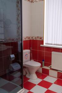 a bathroom with a toilet and a red and white tile floor at Versal Hotel in Maykop