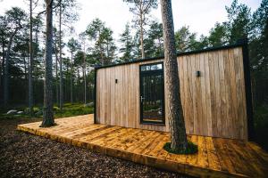 una pequeña cabaña de madera en el bosque con dos árboles en ÖÖD Hötels Rooslepa - FIKA, MYSA , SKÖNT-with sauna, en Rooslepa