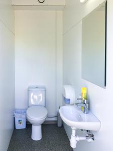 a white bathroom with a toilet and a sink at Drevernos Avilys in Dreverna