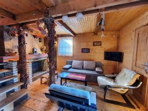 a living room with a couch and a tv in a cabin at VILA PAVLOVIC in Kopaonik