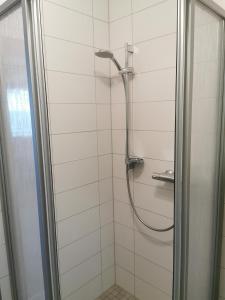 baño con ducha y puerta de cristal en Ferienhaus Nele en Hilders