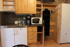 Una pequeña cocina con microondas y nevera. en Motel Willis West, en Ruka 25 fotos más