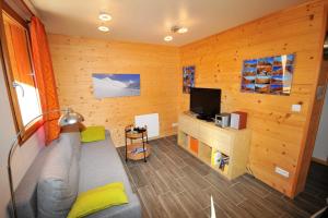 a living room with a couch and a television at Le Balcon des Charmottes in Névache