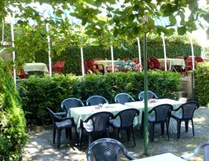 eine Gruppe von Tischen und Stühlen in einem Garten in der Unterkunft Hotel Strauss in Hof