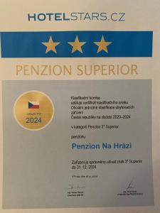 Certifikát, hodnocení, plakát nebo jiný dokument vystavený v ubytování Penzion Na Hrazi
