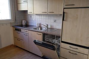 a small kitchen with a sink and a refrigerator at Catherina 42 in Leukerbad