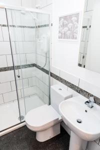a bathroom with a toilet and a sink and a shower at Stylish 2 bedroom, city centre apartment in Aberdeen
