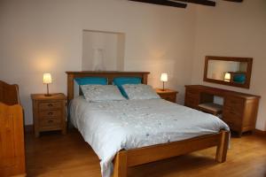 a bedroom with a bed with blue pillows and a mirror at Cottage de La Mothe in Marnac +81 photos