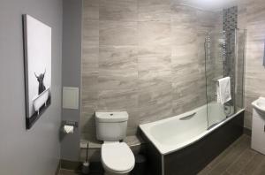 uma casa de banho com um WC, uma banheira e um lavatório. em GRAPHITE APARTMENTS em Inverness