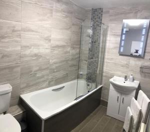 a bathroom with a shower and a toilet and a sink at GRAPHITE APARTMENTS in Inverness