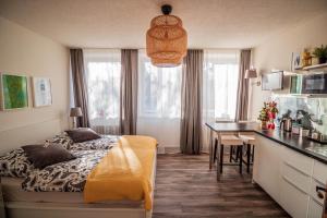 a bedroom with a bed and a kitchen with a desk at GottwaldHaus - Apartment in Brand-Erbisdorf
