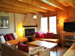 sala de estar con sofá y chimenea en Chalet in H r mence with Sauna Ski Whirlpool, en Les Collons