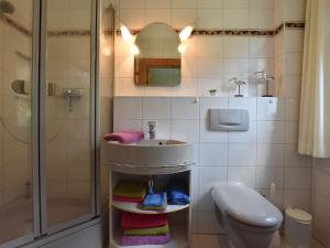 ein Badezimmer mit Waschbecken, Toilette und Dusche in der Unterkunft Romantische Ferienwohnung in Boldenshagen in Boldenshagen + 32 Fotos