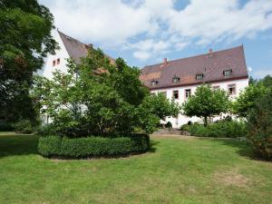 ein großes weißes Haus mit einem Baum im Hof in der Unterkunft Vintage Apartment in Arzberg Triestewitz with Terrace in Arzberg