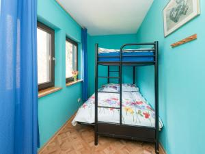 a bedroom with blue walls and a bunk bed at Beautiful holiday home with garden in Eichenborn