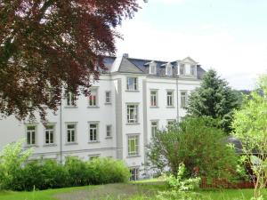 un edificio blanco con árboles delante de él en Alluring Villa in Grunhainichen Borstendorf with Terrace, en Leubsdorf
