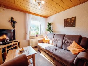 een woonkamer met een bank en een tv bij Apartment near the forest in Plankenstein in Plankenfels