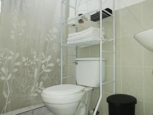 a bathroom with a toilet and a shelf with towels at Pinares de Santa monica 6HB in Nueva San Salvador +23 photos