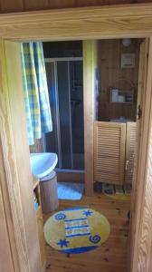 Blick auf ein Bad mit einem Waschbecken und einer Dusche in der Unterkunft Ferienhaus Ulli in Gansbach