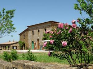 a stone house with pink roses in front of it at Farmhouse in Sorano with Swimming Pool Terrace Barbecue in Sorano