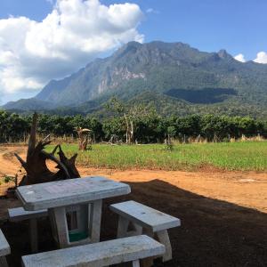 panchina da picnic con vista sulle montagne di Thong Family Homestay Chiangdao a Chiang Dao
