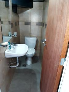 a bathroom with a white toilet and a sink at Departamento nuevo 2 dorm, parrilla, cochera in Neuquén