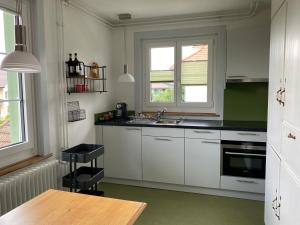 朗根塔爾的住宿－BnB Hopfengrün Langenthal，厨房配有白色橱柜、水槽和桌子
